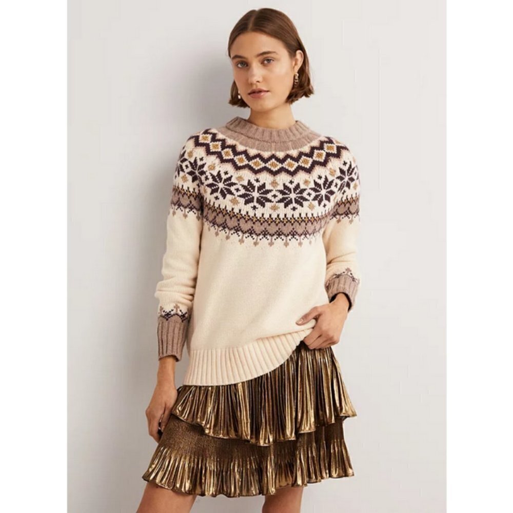 Boden Fair Isle Metallic Yarn Sweater ~ Warm Ivory Fair Isle Print Us 8 Nwot